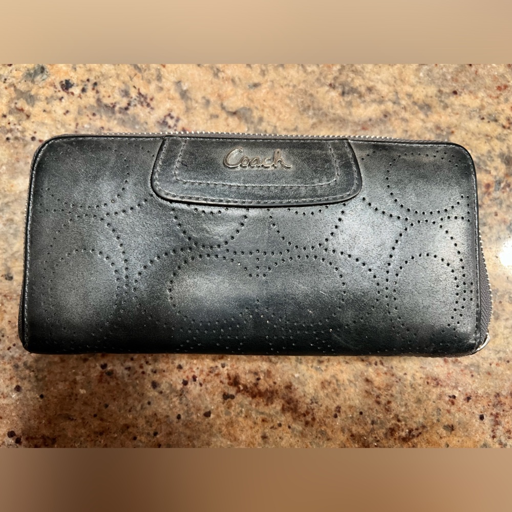 Coach perforated C zip around leather wallet silver pewter metallic